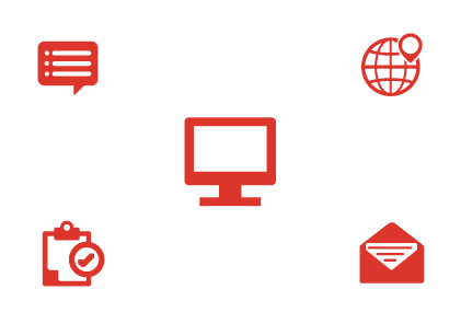 Intranet: Symbolische Darstellung eines vernetzten Systems mit einem Computer im Zentrum, umgeben von Icons für Kommunikation, E-Mail, globale Vernetzung und Aufgabenmanagement, die ein digitales Unternehmensnetzwerk visualisieren.