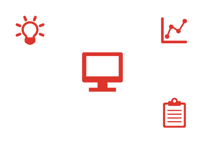 Wissensdatenbank: Symbolische Darstellung eines vernetzten Computersystems mit Icons für Ideen, Analysen und Dokumentation, die den digitalen Zugang zu Wissen und Informationen visualisieren.