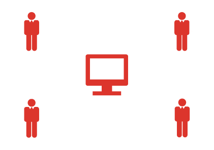 Kollaborationsplattform: Symbolische Darstellung eines vernetzten Computersystems mit vier Personen-Icons, die digitale Zusammenarbeit und den Austausch in einem Team visualisieren.