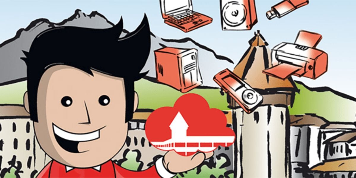 IT-Comicfigur mit Cloud in Luzern – Cartoon mit Technikgeräten und Wasserturm als Symbol für digitale Lösungen aus der Zentralschweiz