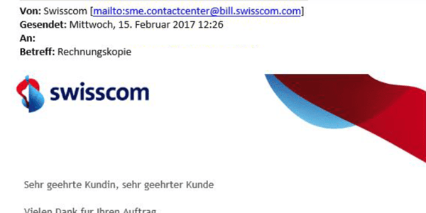 Vorsicht bei Phishing Mails mit dem Absender sme.contactcenter@bill.swisscom.com