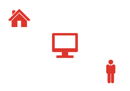Portalseite: Symbolische Darstellung einer digitalen Plattform mit einem Computer in der Mitte, verbunden mit einem Haus-Icon für Zuhause und einer Person für Nutzerzugang.