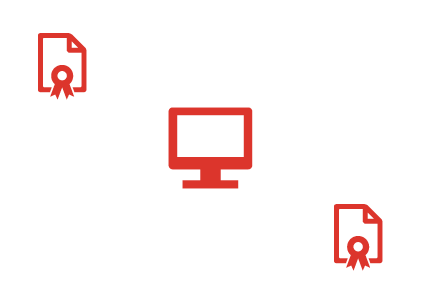 Qualitätsmanagement: Symbolische Darstellung eines vernetzten Systems mit einem Computer und zwei Dokumenten mit Siegel, die für digitale Qualitätskontrolle und Zertifizierungsprozesse stehen.