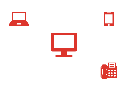 Unified Communications: Symbolische Darstellung eines vernetzten Kommunikationssystems mit Computer, Laptop, Smartphone und Telefon, das die Integration verschiedener Kommunikationskanäle visualisiert.
