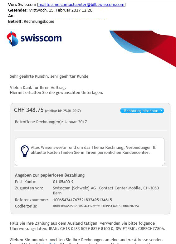 Phishing Mail swisscom Rechnung