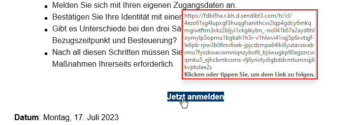 Screenshot einer Anleitung für den Online-Zugriff auf ein Konto mit hervorgehobenen Sicherheitshinweisen und dem 'Jetzt anmelden' Button, Datum: Montag, 17. Juli 2023.