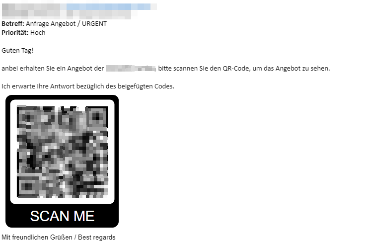 E-Mail mit hoher Priorität enthält einen QR-Code zur Angebotsansicht, mit der Aufforderung 'SCAN ME' für den Schweizer Markt.